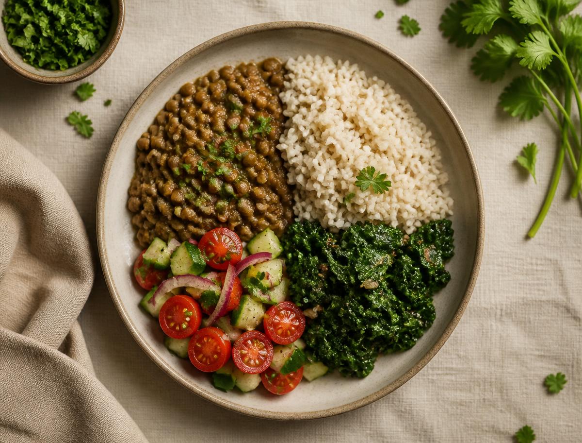A balanced plate of home-cooked food with vegetables, lentils and rice